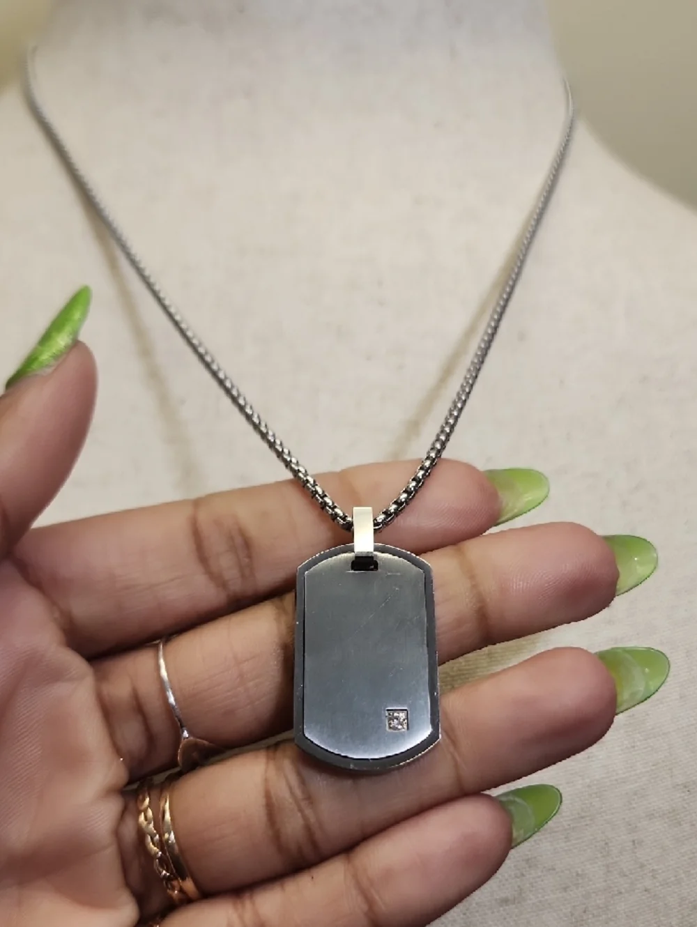 Geoffrey Beene Stainless Steel Dog Tag Pendant Necklace Faux Diamond